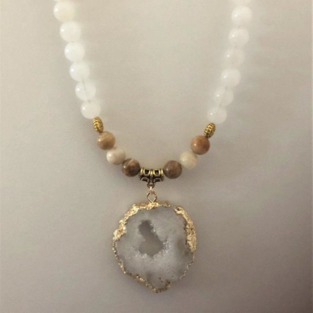 White beaded necklace and focal white druzy pendant